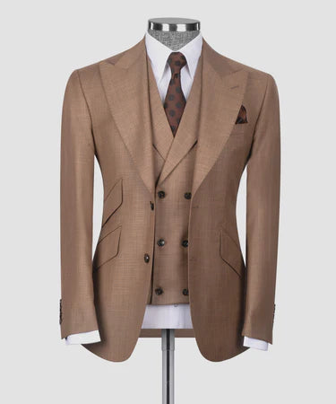 Valerio Milano 3-Piece Italian Men's Suit Camel 100% Wool Classic Pointed Collar Triple Classic Suit W/ Straight Leg Trousers