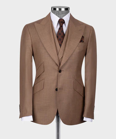 Valerio Milano 3-Piece Italian Men's Suit Camel 100% Wool Classic Pointed Collar Triple Classic Suit W/ Straight Leg Trousers