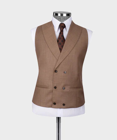 Valerio Milano 3-Piece Italian Men's Suit Camel 100% Wool Classic Pointed Collar Triple Classic Suit W/ Straight Leg Trousers
