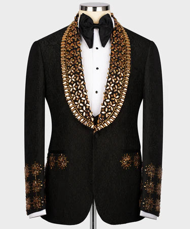 Valerio Milano Men's Gold Gem Stone Detailed Black Special Tuxedo Vest Suit