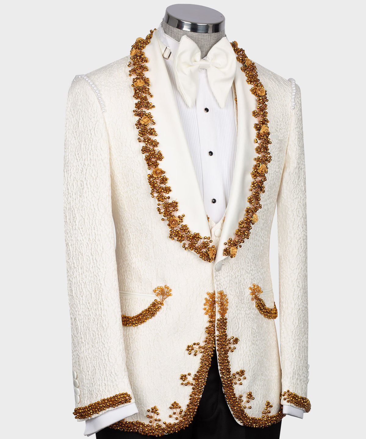 Valerio MilanoMen's Gold Crystal Jewelried Cream Special Tuxedo Custom Desing Vest Suit