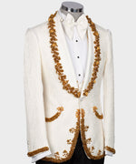 Valerio MilanoMen's Gold Crystal Jewelried Cream Special Tuxedo Custom Desing Vest Suit