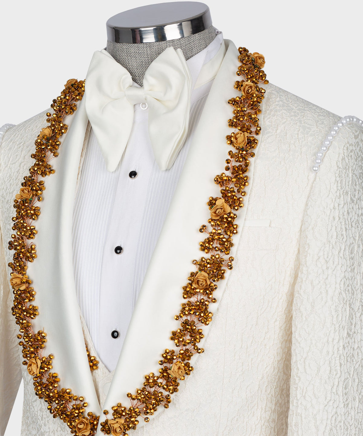 Valerio MilanoMen's Gold Crystal Jewelried Cream Special Tuxedo Custom Desing Vest Suit