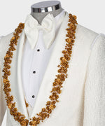 Valerio MilanoMen's Gold Crystal Jewelried Cream Special Tuxedo Custom Desing Vest Suit