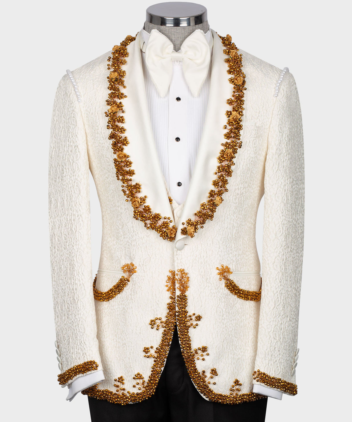 Valerio MilanoMen's Gold Crystal Jewelried Cream Special Tuxedo Custom Desing Vest Suit