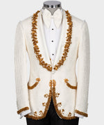Valerio MilanoMen's Gold Crystal Jewelried Cream Special Tuxedo Custom Desing Vest Suit