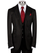 Valerio Milano 3-Piece Italian Men's Suit Black 100% Wool Triple Classic Vest Suit W/ Straight Leg Trousers