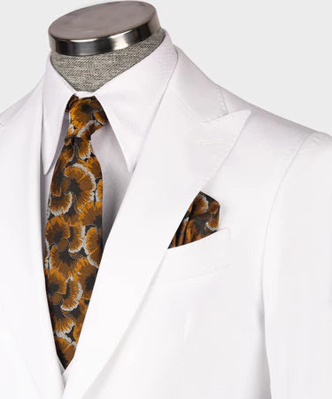 Valerio Milano 3-Piece Italian Men's Suit White 100% Wool Pointed Collar Triple Classic Suit W/ Straight Leg Trousers