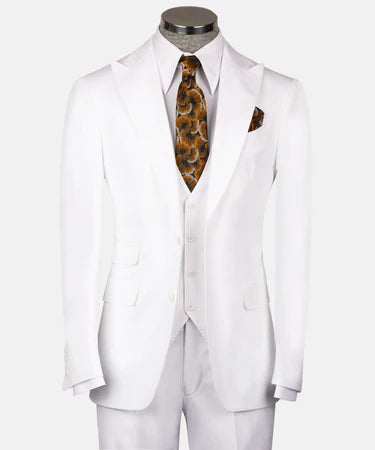 Valerio Milano 3-Piece Italian Men's Suit White 100% Wool Pointed Collar Triple Classic Suit W/ Straight Leg Trousers