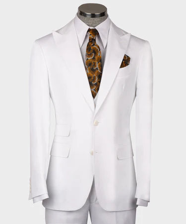 Valerio Milano 3-Piece Italian Men's Suit White 100% Wool Pointed Collar Triple Classic Suit W/ Straight Leg Trousers