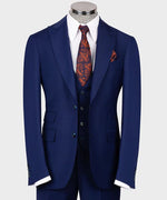 Valerio Milano 3-Piece Italian Men's Suit Blue 100% Wool Pointed Collar Triple Classic Suit W/ Straight Leg Trouser