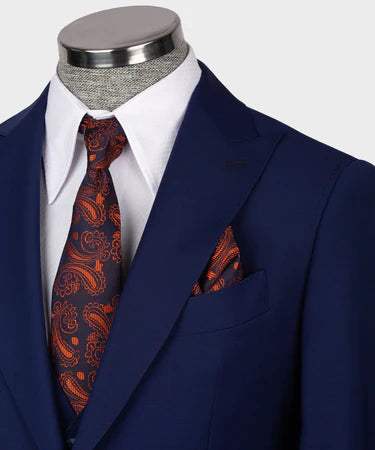 Valerio Milano 3-Piece Italian Men's Suit Blue 100% Wool Pointed Collar Triple Classic Suit W/ Straight Leg Trouser