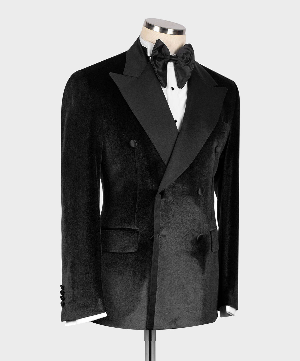Valerio Milano Men's Black Velvet Satin Apel Double Breasted Tuxedo Straight leg Trousers