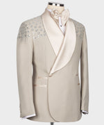 Valerio Milano Men's Cream Tuxeacdo With Stone Embroidery Silk Satin Vest Suit W/ Pant