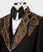 Valerio Milano Men's Black-Gold Stone Embroidered Custom Desing Tuxedo Vest Suit
