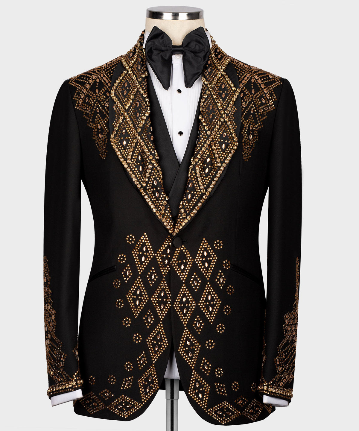 Valerio Milano Men's Black-Gold Stone Embroidered Custom Desing Tuxedo Vest Suit