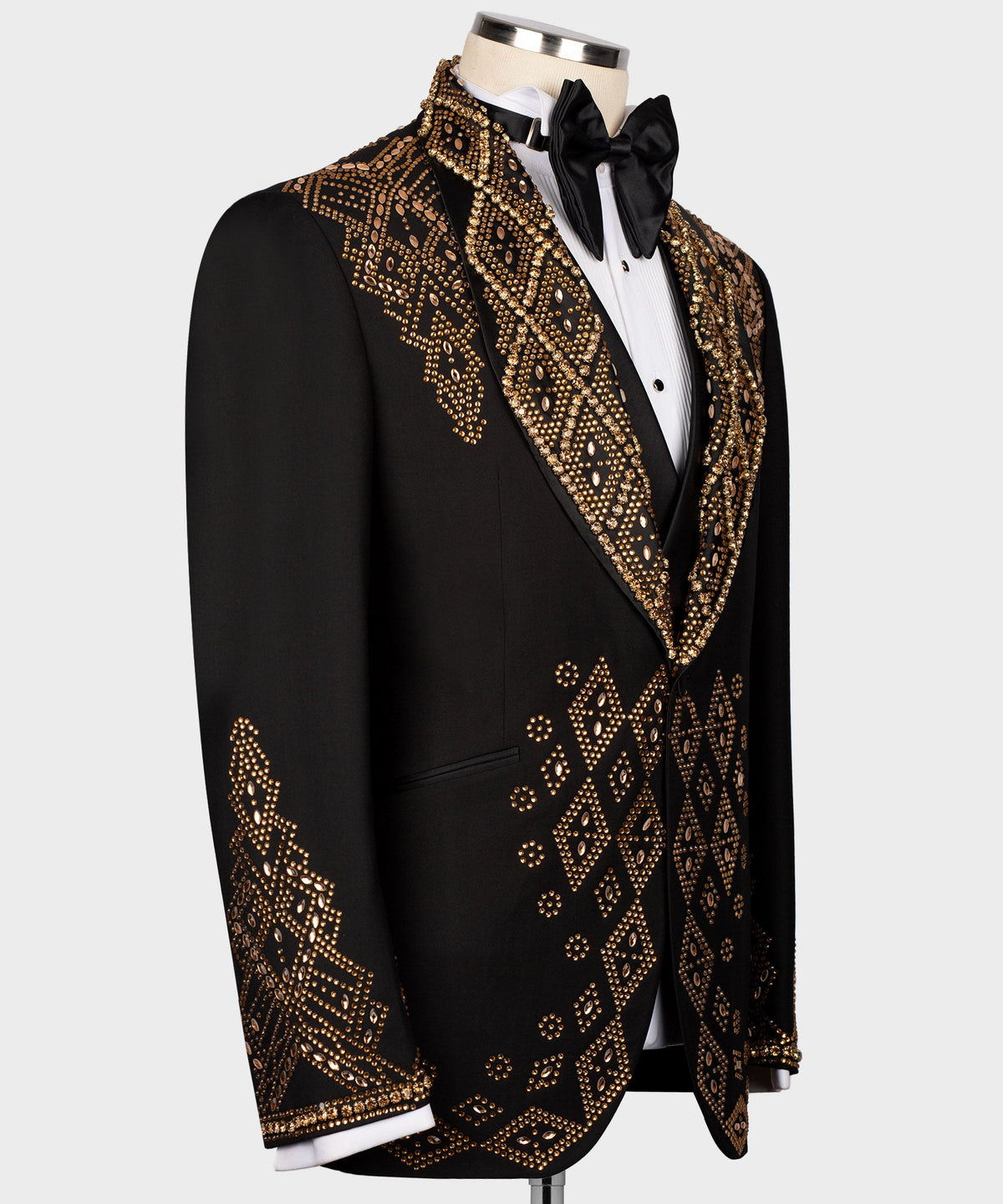 Valerio Milano Men's Black-Gold Stone Embroidered Custom Desing Tuxedo Vest Suit