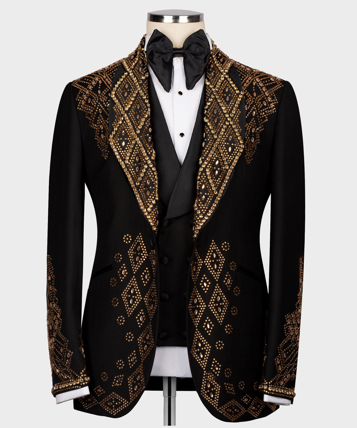 Valerio Milano Men's Black-Gold Stone Embroidered Custom Desing Tuxedo Vest Suit