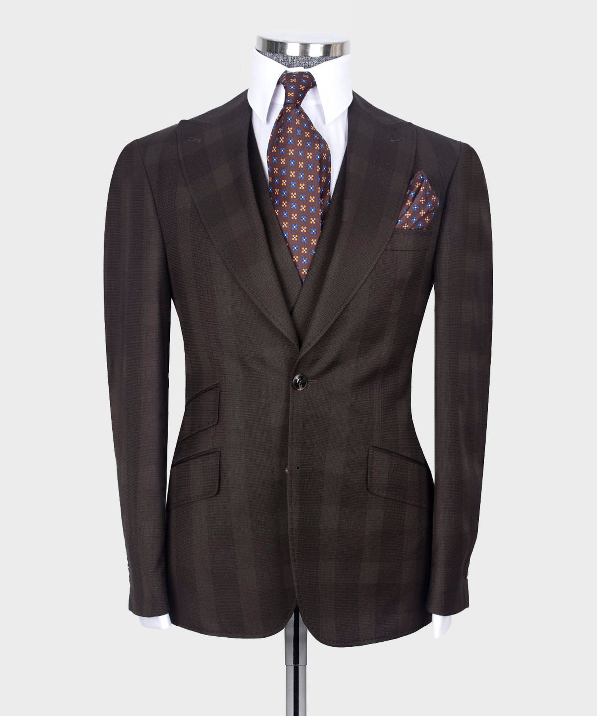 Valerio Milano 3-Piece Italian Men's Suit- Brown 100% Wool Point Seam Classic Suit W/ Straight Leg Trousers