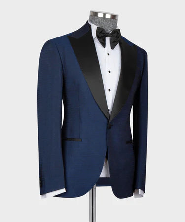 Valerio Milano 3-Piece Italian Men's Suit Navy Blue – Black Lapeled Tuxedo Suit