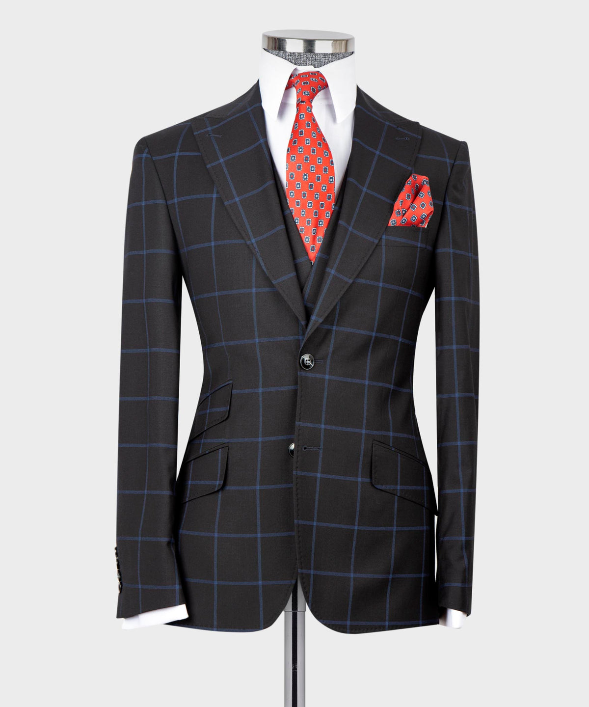 Valerio Milano 3-Piece Italian Men's Suit -Black 100% Wool 2 Front Button Classic Suit Straight Leg Trousers