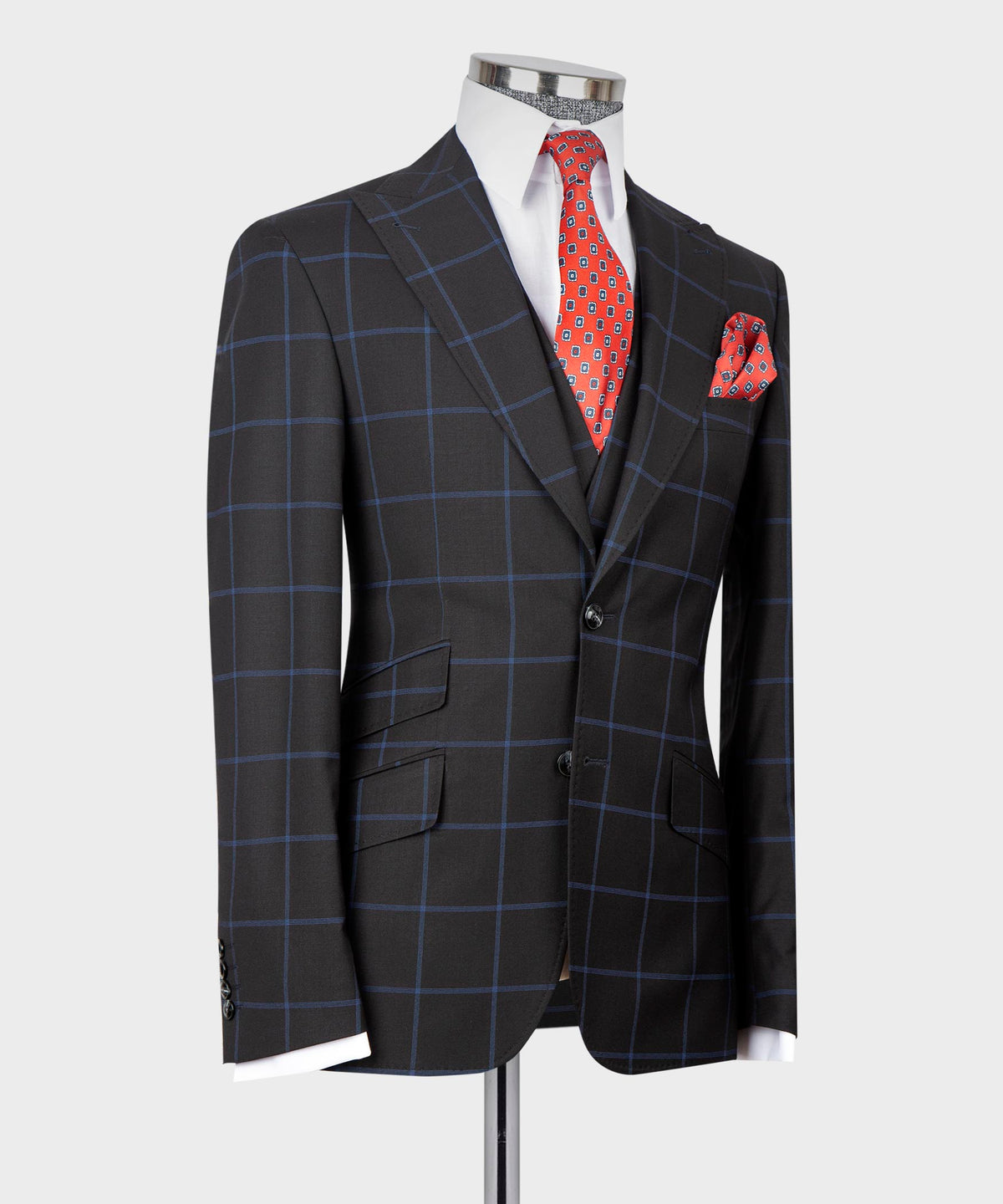 Valerio Milano 3-Piece Italian Men's Suit -Black 100% Wool 2 Front Button Classic Suit Straight Leg Trousers