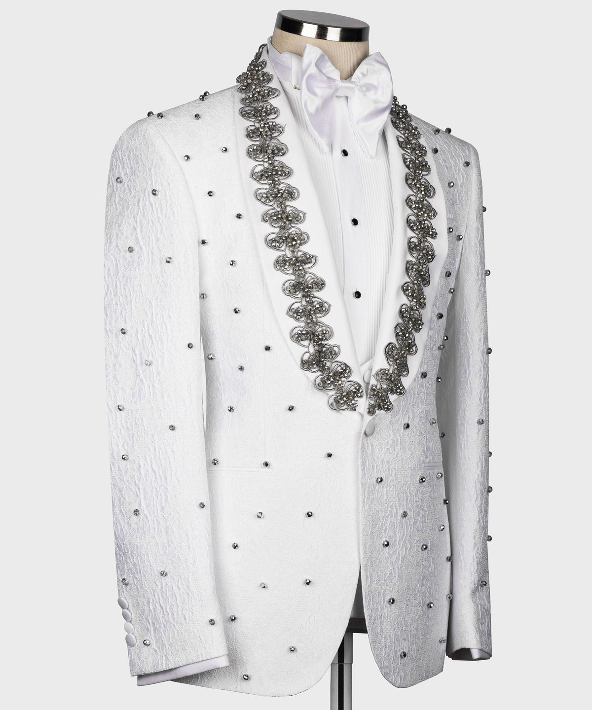 Valerio MilanoMen's Gray Pearl Embroidered Collar White Tuxedo Custom Desing Vest Suit