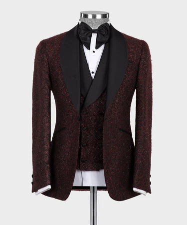 Valerio Milano 3-Piece Italian Men's Suit Burgundy Glitter Tuxedo Suit
