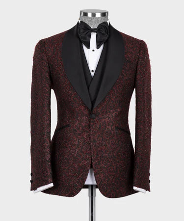 Valerio Milano 3-Piece Italian Men's Suit Burgundy Glitter Tuxedo Suit