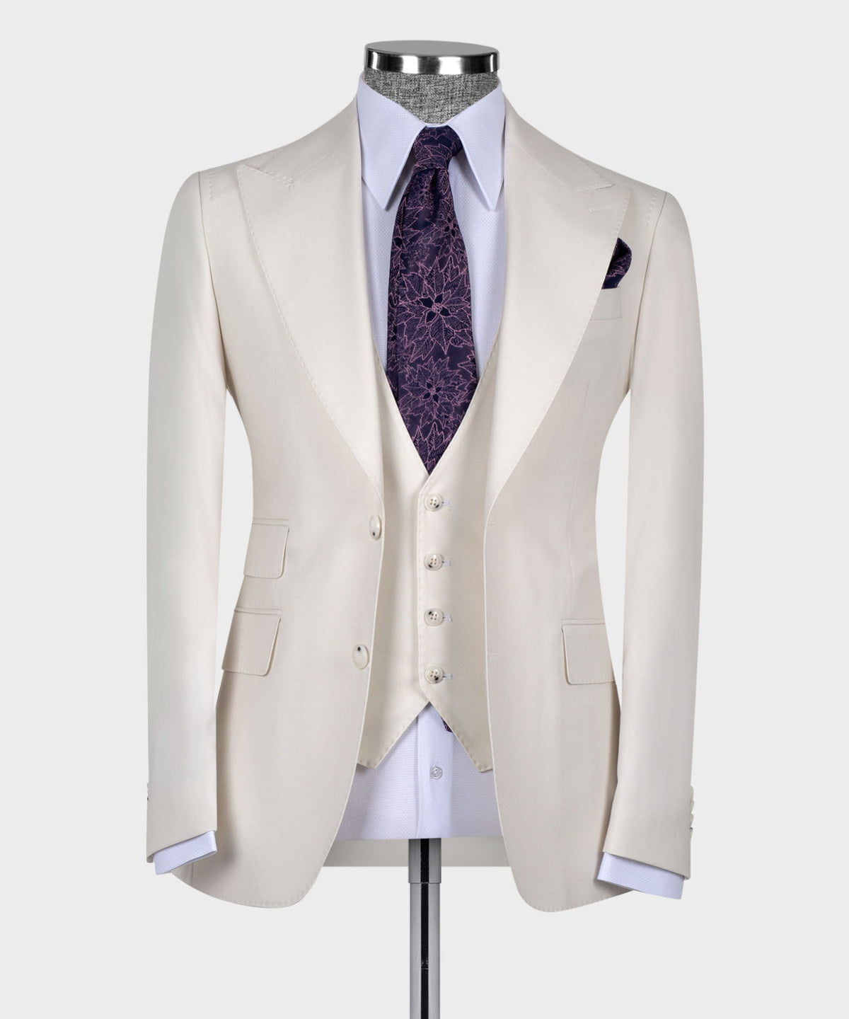 Valerio Milano 3-Piece Italian Men's Suit- Off White 100% Wool Classic Suit W/ Straight Leg Trousers