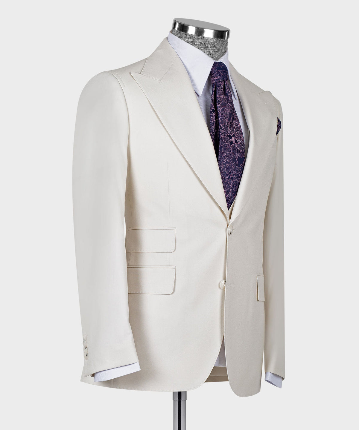Valerio Milano 3-Piece Italian Men's Suit Off White 100% Wool Pointed Collar Vest Suit Straight Leg Trousers