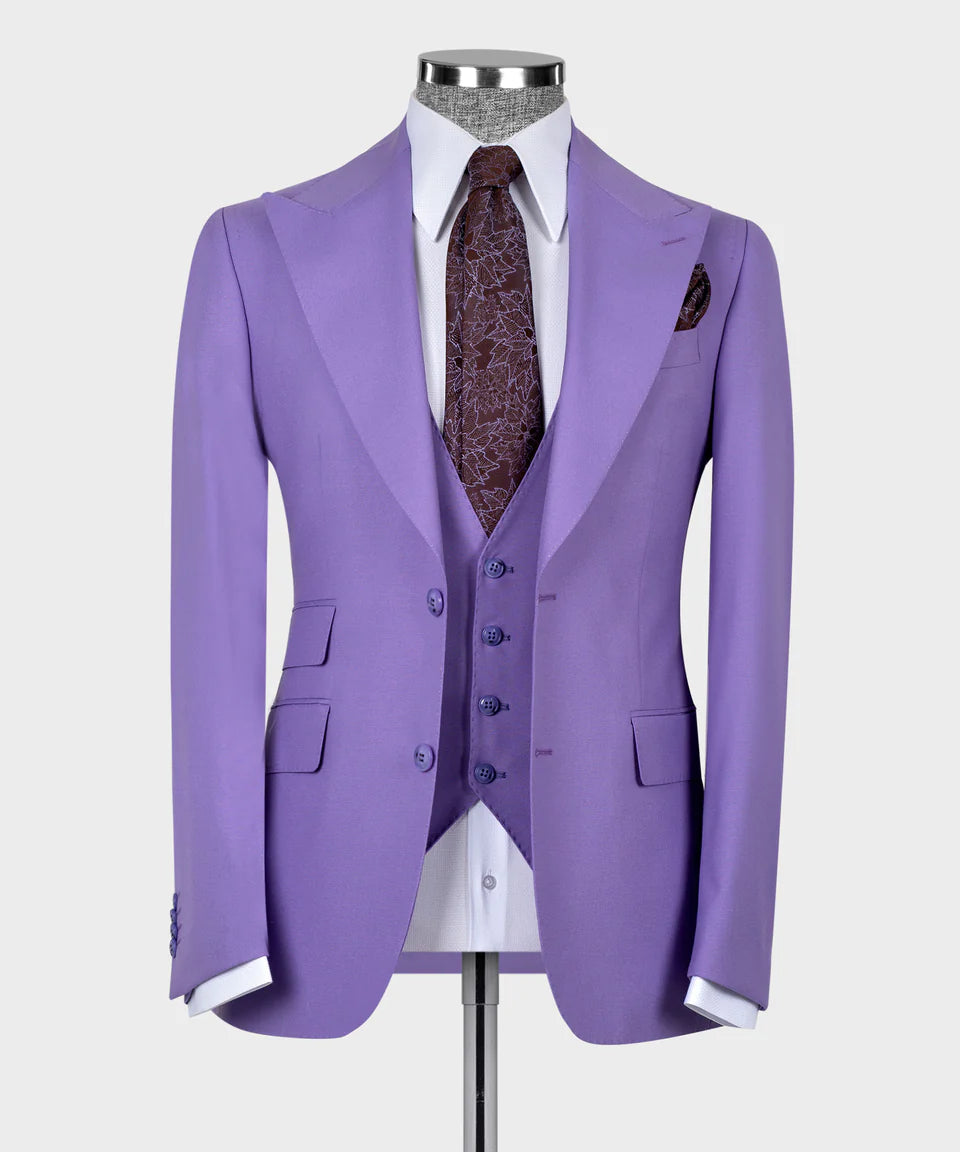 Valerio Milano 3-Piece Italian Men's Suit Lilac 100% Wool Classic Vest Pointed Collar Suit Straight Leg Trousers