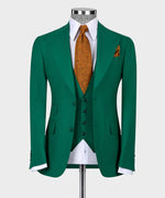Valerio Milano 3-Piece Italian Men's Suit Green 100% Wool Triple Classic Vest Suit W/ Straight Leg Trousers