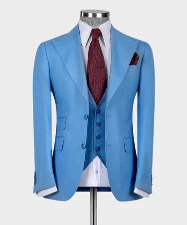 Valerio Milano 3-Piece Italian Men's Suit Blue 100% Wool Classic VestSuit W/ Straight Leg Trousers