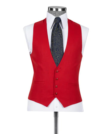 Valerio Milano 3-Piece Italian Men's Suit Red 100% Wool Front 2 Button Classic Vest Suit Straight Leg Trousers