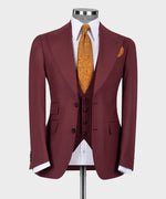Valerio Milano 3-Piece Italian Men's Suit Burgundy 100% Wool Dot Stitching Classic Vest Suit W/ Straight Leg Trousers