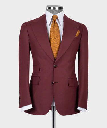 Valerio Milano 3-Piece Italian Men's Suit Burgundy 100% Wool Dot Stitching Classic Vest Suit W/ Straight Leg Trousers