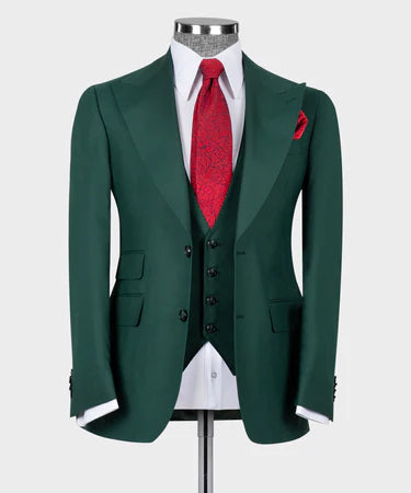 Valerio Milano 3-Piece Italian Men's Suit Green 100% Wool Triple Classic Vest Suit Straight Leg Trousers
