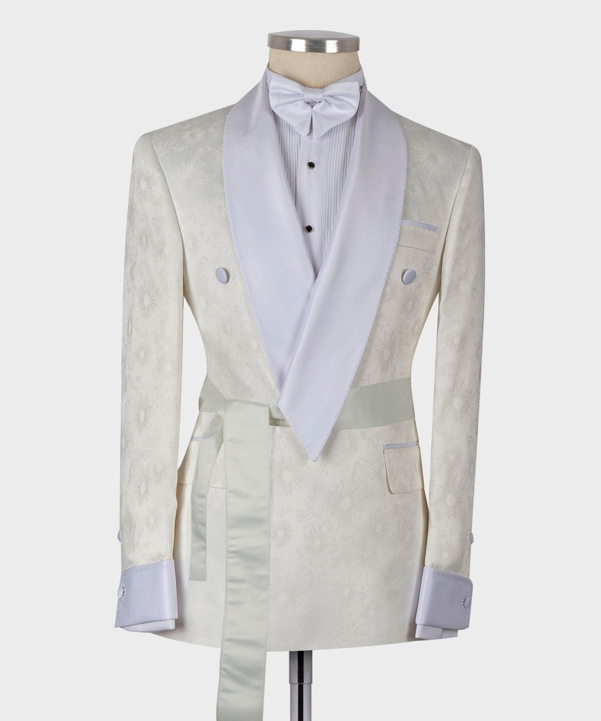 Valerio Milano Men's Belted Tuxedo White %100 Silk Satin Double Breasted Classic Tuxedo Cuffed Jacket Sleeves Straight Leg Trousers