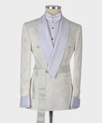 Valerio Milano Men's Belted Tuxedo White %100 Silk Satin Double Breasted Classic Tuxedo Cuffed Jacket Sleeves Straight Leg Trousers