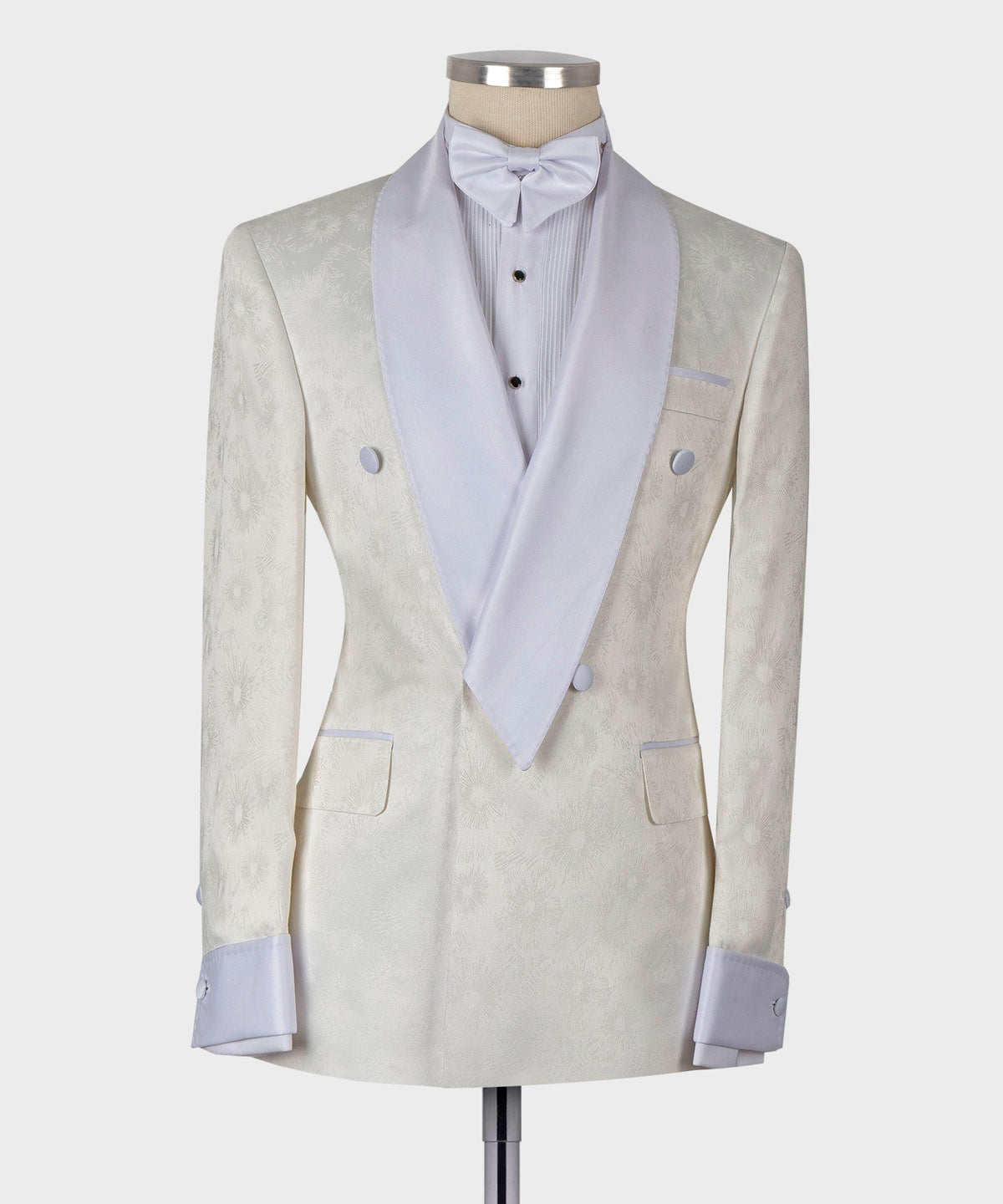 Valerio Milano Men's Belted Tuxedo White %100 Silk Satin Double Breasted Classic Tuxedo Cuffed Jacket Sleeves Straight Leg Trousers