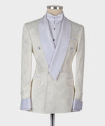 Valerio Milano Men's Belted Tuxedo White %100 Silk Satin Double Breasted Classic Tuxedo Cuffed Jacket Sleeves Straight Leg Trousers