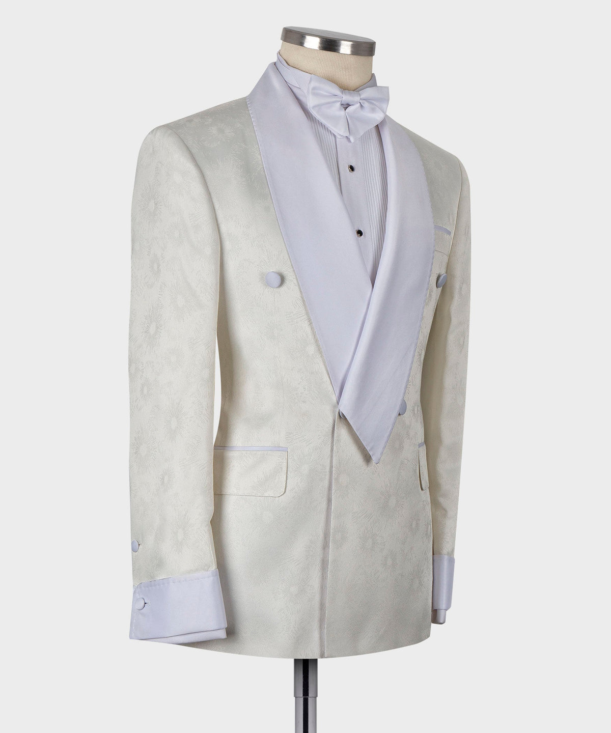 Valerio Milano Men's Belted Tuxedo White %100 Silk Satin Double Breasted Classic Tuxedo Cuffed Jacket Sleeves Straight Leg Trousers